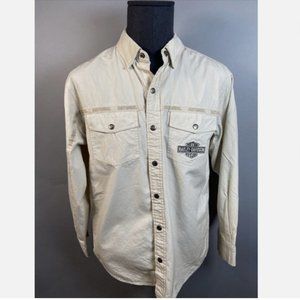 Harley Davidson Men M Long Sleeve Button Front Snap Collar Beige Textured Shirt